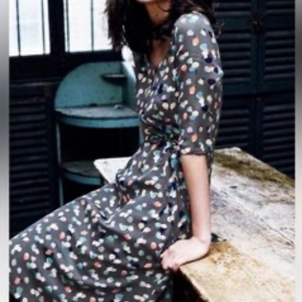 Boden Floral Pintuck Midi Dress Gray Fit & Flare Waist Tie Half Sleeve-6 Reg